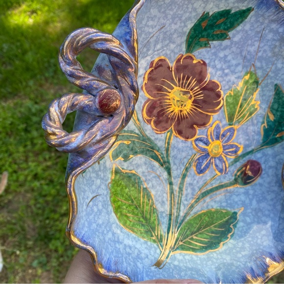 Vintage Glazed Terra-Cotta Hand painted Floral Scalloped Edge Catch-All Dish - Picture 7 of 7